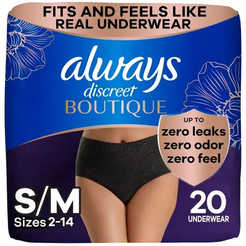 Always Discreet Boutique Incontinence and Postpartum Underwear for Women, Maximum Protection, Small/Medium, Black, 20 Count
