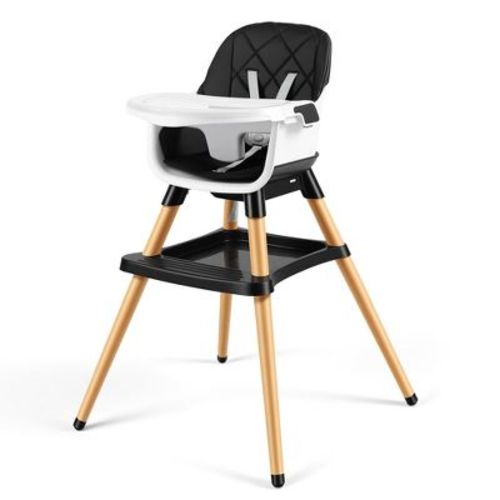 TODECARE High Chair, 7 in 1 Convertible Wooden Highchair for Babies & Toddlers with Adjustable Legs, Double Removable Tray, Safety Harness, Black