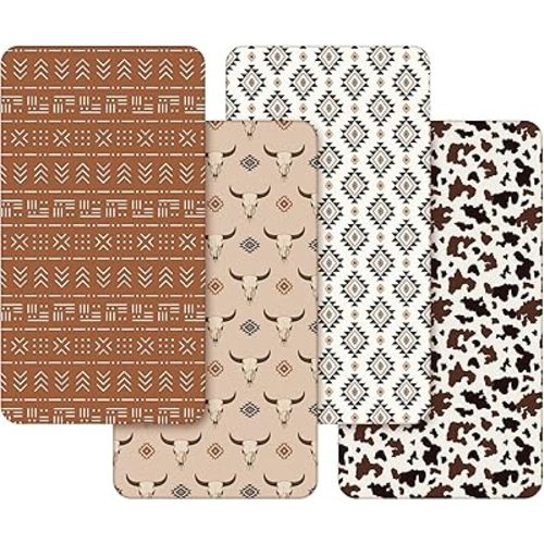 VitalCozy 4 Pcs Vintage Western Cowboy Crib Sheet Set Newborn Bedding Nursery Baby Sheets for Girl Boys Baby Gifts for Standard Crib and Toddler Mattresses, 52 x 28 x 8 Inches