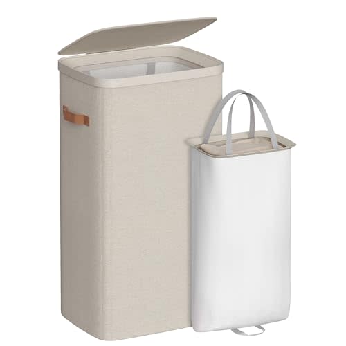 SONGMICS Laundry Basket, 26.4 Gal. Laundry Hamper, Easy Assembly, with Lid and Handles, Removable Liner, 16.5 x 12.6 x 29.5 Inches, Cappuccino Beige ULCB811LH01