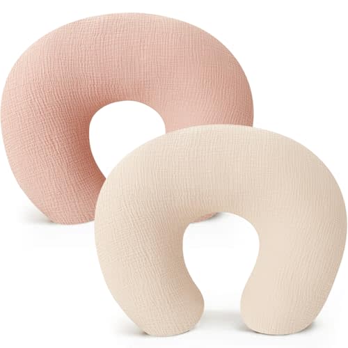 Konssy 2-Pack Muslin Nursing Pillow Covers, Soft & Adorable Nursing Covers for Breastfeeding Pillows, Slipcovers for Newborn Boys & Girls(Cream, Pink)