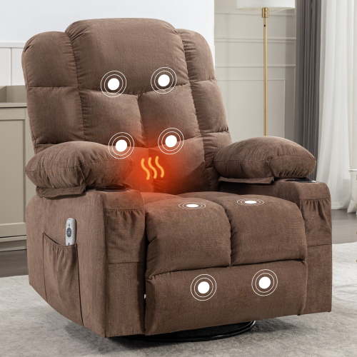 360° Swivel Rocker Recliner, LEGAHOME Manual Glider Rocking Chair for Nursery with Massage and Heat, 22.8in Glider Massage Recliner Chairs for Adults, with Cup Holder and Side Pocket, Brown