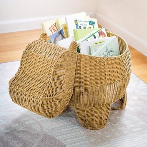 Kaplan Early Learning Hippo Washable Wicker Floor Basket | Animal-Inspired Woven Rattan Storage Bin | Home Decor Organizer