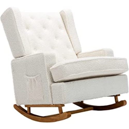 Dolonm Nursery Rocking Chair Upholstered Mid Century Modern Rocker Oversized Wingback Armchair for Living Room with Solid Wood Base (White Teddy)