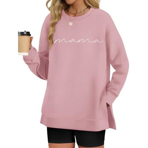 LOMON Long Sleeve Mama Shirts for Women Crewneck Oversized Tshirts Split Side Graphic Tees Fall Pullover Tops