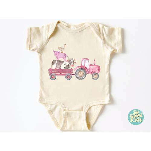 Farm Animal Tractor Shirt, Pink Tractor Kids Shirt, Animal Lover Shirt, Natural Bodysuit, Gift Newborn, Tractor Lover Shirt