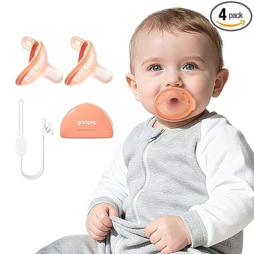 Garkoko Baby Pacifiers 0-6 Months, BPA-Free Silicone Nipple, Lightweight One-Piece Design, Symmetrical Nipple Design, Set of 4/2, with a Pacifier Chain & Pacifier Case (Peach-2pcs)