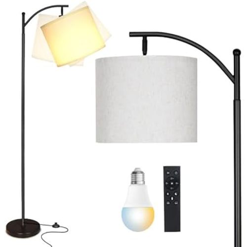 LED Floor Lamps for Living Room, 12W Modern Arc Floor Lamp with Remote & Adjustable Linen Lampshade, Stepless Dimmable Tall Standing Lamp for Bedroom Office Reading (White Shade)