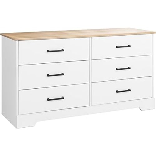 Prepac Rustic Ridge Farmhouse 6-Drawer Double Dresser, White & Oak Dresser for Bedroom, Chest of Drawers with 6 Storage Drawers, 53.25” Wide x 18.25” deep x 28.5” Tall, White & Oak