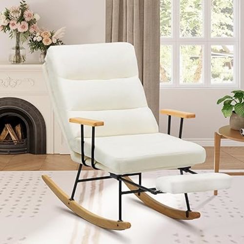 Rocking Chair with Footrest-Glider Rocker Chair with Retractable Footrest and Adjustable Backrest, Teddy Upholstered Rocking Chair, Modern Accent Chair for Living Room,Nursery,Bedroom,Outdoor-Beige