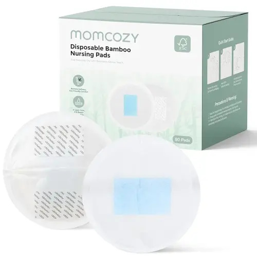 Momcozy Bamboo Disposable Nursing Pads, Advanced Blue Core for Ultra-Absorbent, Leakproof & 3D Design, Biodegradable for Sensitive Skin, Individually Wrapped, 80 Count
