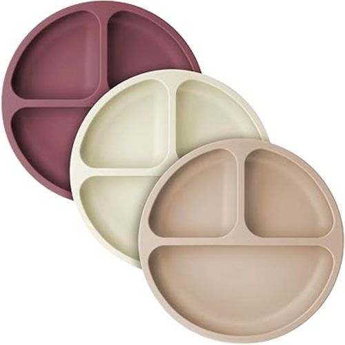 Cutebe 3 Pack Suction Plates for Baby Food Grade Silicone Baby Plates with Suction Microwave & Dishwasher Safe Toddler Plates Divided Design & Raised Edges Toddler Dishes for Feeding