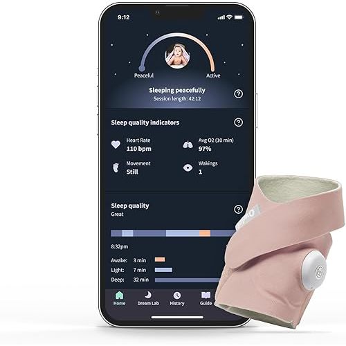 Owlet Dream Sock - Smart Baby Monitor View Heart Rate and Average Oxygen O2 as Sleep Quality Indicators. Wakings, Movement, and Sleep State. Digital Sleep Coach and Sleep Assist Prompts, Rose