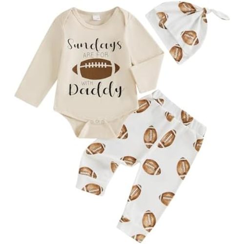 Baby Boy Football Outfits Sundays are for with daddy Letter Print Bodysuit Romper Rugby Legging Pants Hat 3pcs Set