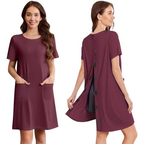 Deyeek Open Back Hospital Gowns for Women Tear Away Short Sleeve Post Surgery Soft Nightgowns for Elderly Women With Pocket