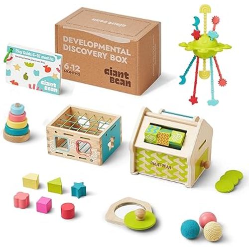 Montessori Toys Set for Baby 6-12 Month,5-in-1 Wooden Learning Toys with Sensory Teething,Object Permanence Box, Shape Sorting Stacking,Mirror Puzzle,Birthday Christmas Toy for 1 2 3 Year Old Girl Boy