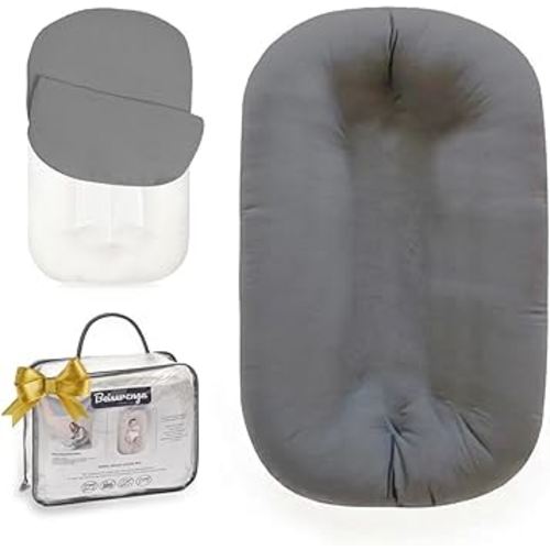 Baby Lounger - Snuggle Cozy Me Infant Lounger for Newborns | Breathable & Soft, Portable Awake-Time Pad, Essential Baby Gift- Grey (Lounger Cover Included)
