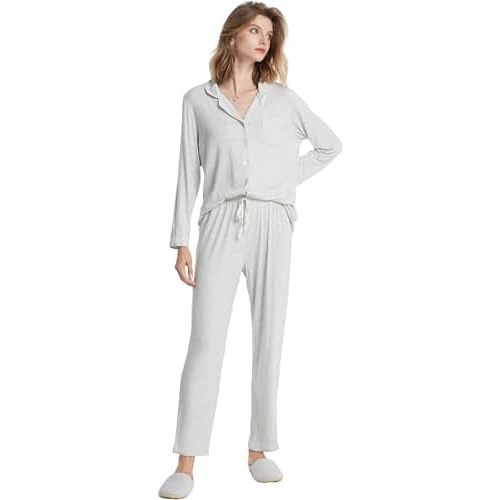 SIORO Ladies Soft Pajamas Set 2 Piece Modal Long Sleeve Loungewear for Women, Button Up Sleepwear Pj Outfits