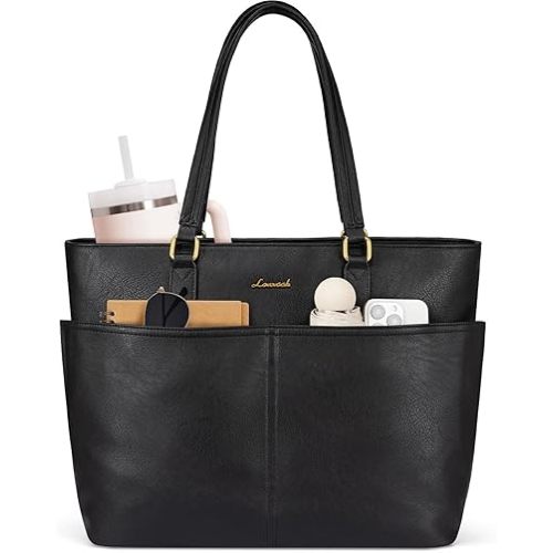 LOVEVOOK Work Tote Bags for Women, Vintage Leather 15.6 Inch Laptop Bag with Large Cup Holder, Teacher Nurse Medical Professional Computer Bag, Office Briefcase Handbag Gift