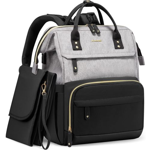 LOVEVOOK Diaper Bag Backpack, Baby Bag with Changing Station, Large Diaper Backpack for Mom Dads, Waterproof Leather Mommy Bag for Boy and Girl, Travel Essential Baby Shower, Black-Grey