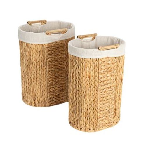Handwoven Water Hyacinth Oval Hamper Set With Cotton Lining, Natural, Set Of 2