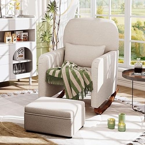ALPHA HOME Rocking Chair, Glider Chair for Nursery with Lumbar Pillow, Rocker Armchair with Solid Wood Legs, Glider Rocker with Storage Foot Rest for Indoor Living Room, Baby Room, Bedroom, Beige