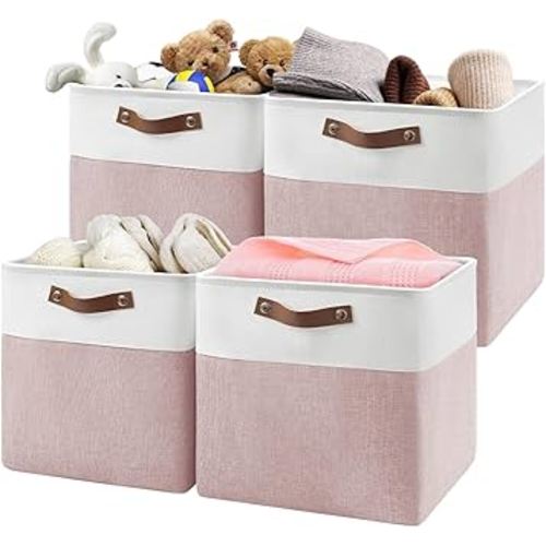 13 Inch Cube Storage Bins,Set of 4, Foldable Storage Basket with PU Handles for Organizing Home, Closet, Laundry, Office, Organizers for Shelves(White/Pink)