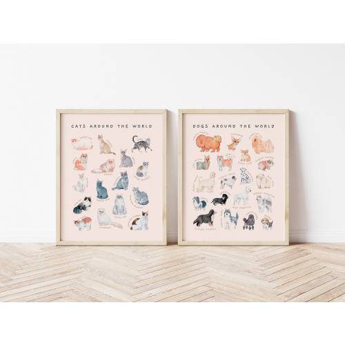 Cat & Dog Breeds Educational Posters | Set of 2 Printable Toddler Room Decor | Watercolor Montessori Nursery Wall Art | Digital Download