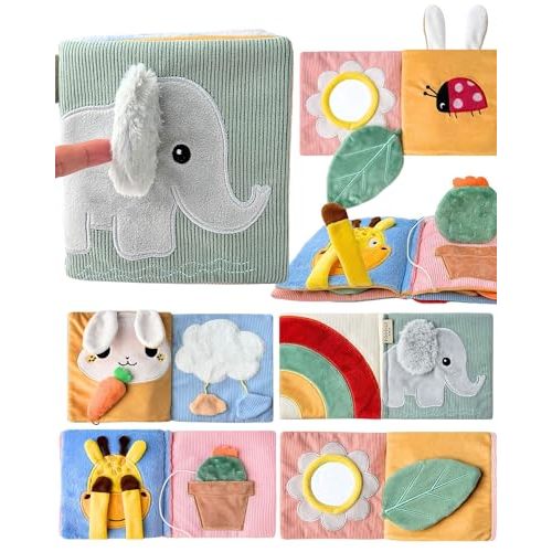 Cute Soft Baby Book with Mirror, Activities, Touch and Feel & Crinkle Pages - Interactive Sensory Cloth Book for Babies 0-6, 6-12 & 12-18 Months - The Perfect Baby Sensory Book for Early Development