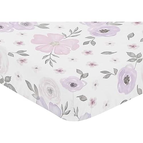 Sweet Jojo Designs Purple and Grey Watercolor Floral Baby Fitted Crib Sheet for Infant Newborn Nursery Toddler Bed Room Standard Mattress - Boho Shabby Chic Rose Flower Pink, Lavender, Gray and White