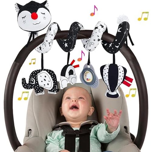 Car Seat Toys for Infants 0-6 Months, High Contrast Baby Toys Black and White Hanging Baby Carseat Toys Stroller Toys 3-6 Months Newborn Developmental Toys 0-3-6-12 Months with Music Rattles