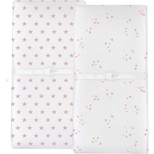 Changing Pad Cover - Cradle Sheet 100% Jersey Cotton 2 Pack for Baby Girl-Dusty Rose and Mauve Pink Stars