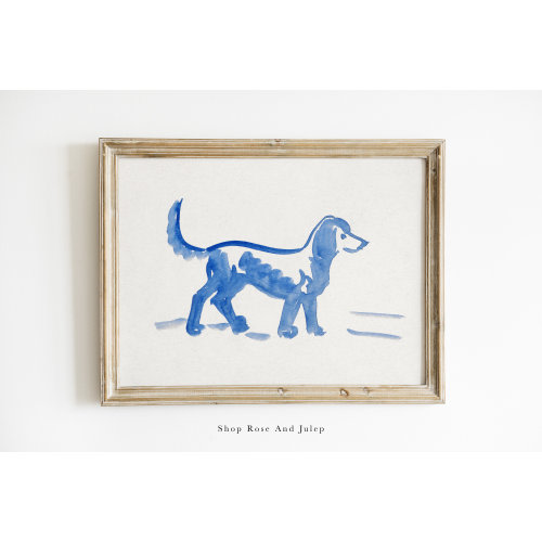 Vintage blue and white dog illustration, vintage kid room, dog nursery, preppy nursery, blue and white dog art, blue and white nursery decor