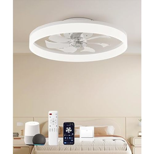 Smart Ceiling Fans with Light and Remote,20'' Low Profile Ceiling Fan with 6-Speed & Dimmable LED, Alexa/APP Home Voice Control, App, Reversible Airflow, App Timer, for Bedroom（White）