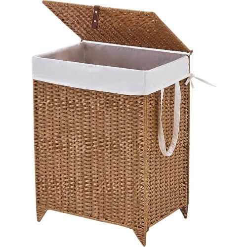 Handwoven Laundry Hamper with Lid, Natural Hyacinth Heightened Feet Laundry Basket, Wicker Clothes Hamper with Removable Liner Bag (Wicker, 90L)