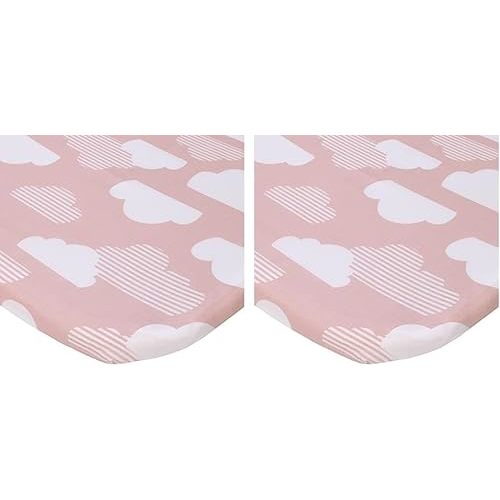 NoJo Skip Hop Cozy-Up 2-in-1 Bedside Sleeper Pink and White Clouds 100% Cotton Fitted Bassinet Sheet (Pack of 2)