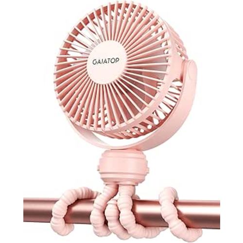 Gaiatop Mini Portable Stroller Fan, Battery Operated Small Clip on Fan, Detachable 3 Speed Rechargeable 360° Rotate Flexible Tripod Handheld Desk Cooling Fan for Car Seat Crib Treadmill Travel Pink