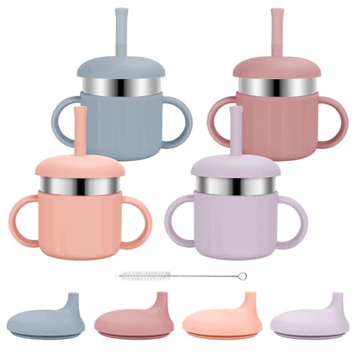 EsOfficce Baby Sippy Cups, 7.4 Oz Sippy Cups, 3 Stages Training Cup, Straw Cup for Infants Toddlers 6-12 Month and Kids 1-3 Year, Stainless Steel Kid Cups with Silicone Straws, 4 Colors B