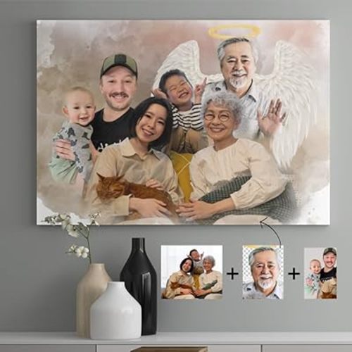 NAZENI Personalized Family Memorial Gift - Custom Wall Art with Your Photo on Poster Canvas, Parents Memorial Watercolour Print, Bereavement Gift, Custom Family Portrait Sympathy Gifts