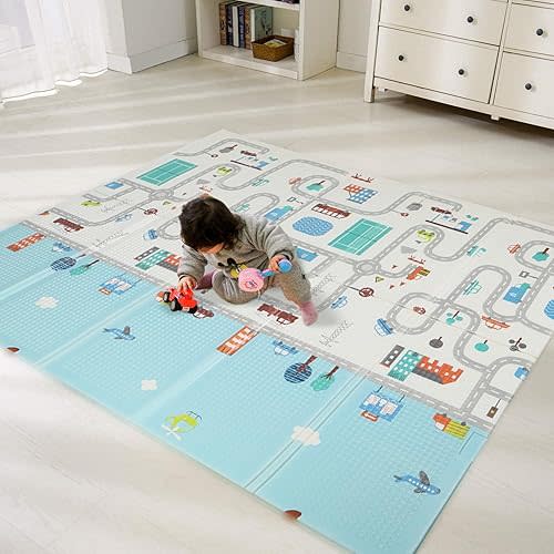 Bammax X-Large Waterproof Foam Padded Baby Play Mat | Reversible & Foldable | Safe Baby Foam Play Mat | 70" x 78" | Cars
