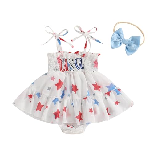 Socutebabe Newborn 4th Fourth of July Baby Girl Outfits USA Bubble Romper White Red and Blue Smocked Dress+Headband