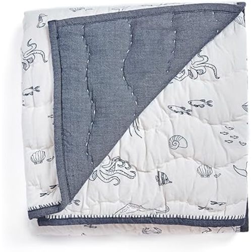 PEHR Chambray Blanket | Heirloom-Quality Reversible Baby Blanket | 100% Cotton Exterior with Soft Polyfill | Hand-Finished Details | 36" x 36" / 91.5 x 91.5 cm | Life Aquatic