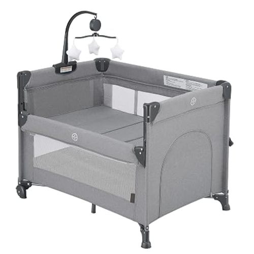 2-in-1 Baby Playard, Pack and Play Bassinet, Easy Folding Portable Crib with Music Mobile for Newborn to Toddlers (Grey)