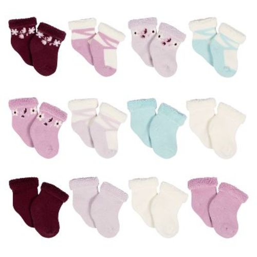 Gerber Baby Girls' 12-pack Terry Wiggle Proof® Socks Lavender Garden - 3-6 Months