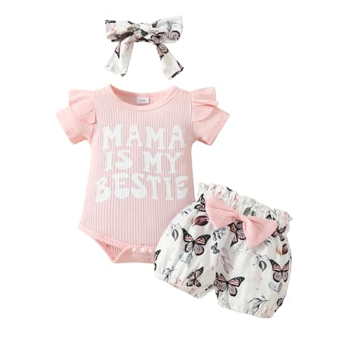Bonangber Newborn Baby Girl Clothes Mama is My Bestie Outfit Short Sleeve Romper Shorts Headband 3Pcs Summer Clothes Set