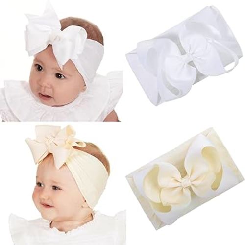 2 Pack Baby Big Bows Headbands,Soft Stretchy Nylon Headbands Hairbands Hair Accessories for Baby Girls Newborn Infant Toddler Kids (White&Ivory)