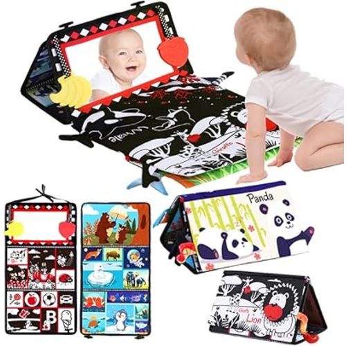 Baby Toys 0-6 Months - 15 Inch Tummy Time Toys with Soft Cloth Book & Teethers & Baby Mirror Toys, High Contrast Baby Toys for Newborn, Montessori Infant Sensory Toys for Baby Boy Girl Activity Gifts