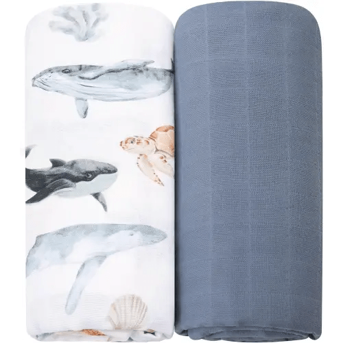 LifeTree Muslin Swaddle Blankets, Baby Swaddling Blanket for Boys Girls, Super Soft 100% Organic Cotton, Large 47" x 47", Sea Animals Whale & Solid Color, Newborn Baby Registry