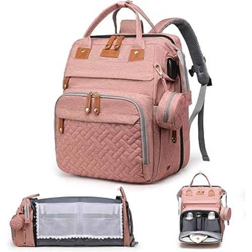 Diaper Bag Backpack with Changing Station, Multifunction Travel Baby Bag, Waterproof Baby Tote, Large Capacity Mommy Bag, Newborn Essentials Backpack Bag, Girls, Pink