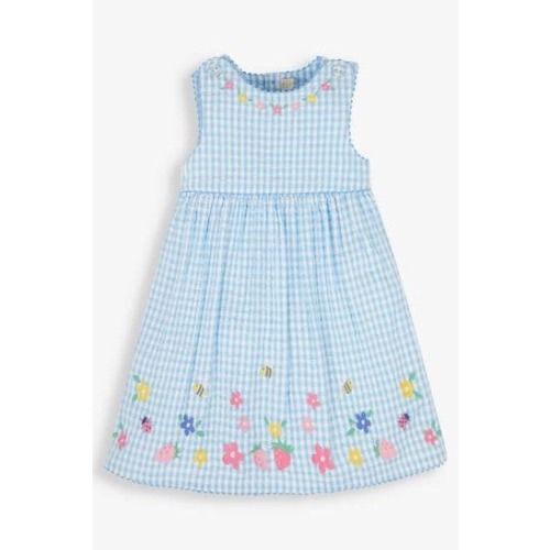 JoJo Maman Bébé Blue Gingham Strawberry Appliqué Dress